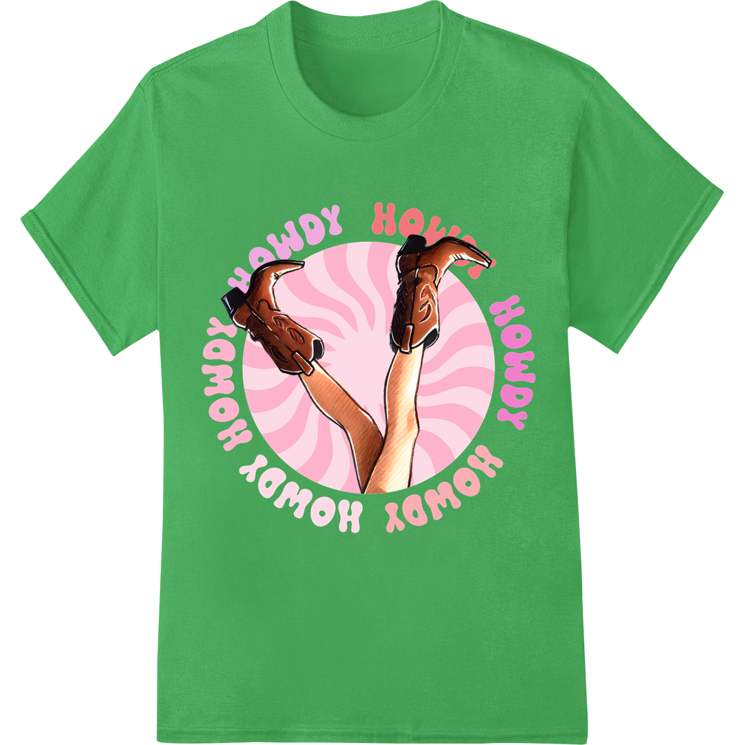 Playful Pink Cowgirl Boots DTF Print Heat Transfer on green shirt - SUPERDTF-DTF Prints-DTF Transfers-Custom DTF Prints