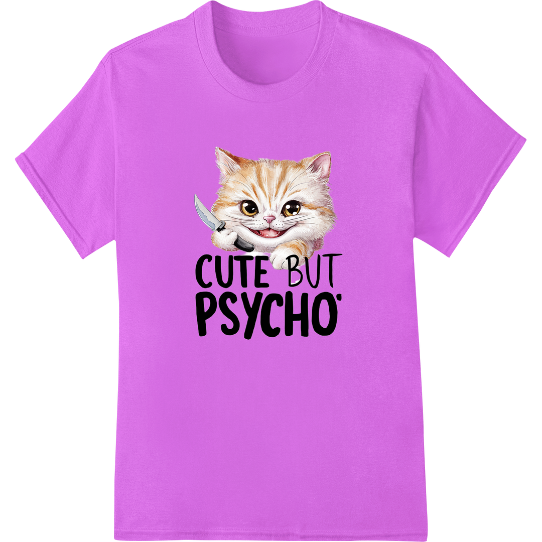 Purrfectly Unhinged: 'Cute but Psycho' Cat Lover DTF Print on purple shirt - SUPERDTF-DTF Prints-DTF Transfers-Custom DTF Prints