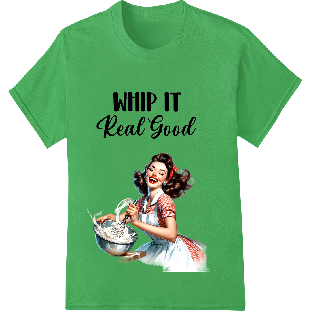 Retro Pin-Up Girl Whipping Up Fun DTF Print Heat Transfer on green shirt - SUPERDTF-DTF Prints-DTF Transfers-Custom DTF Prints