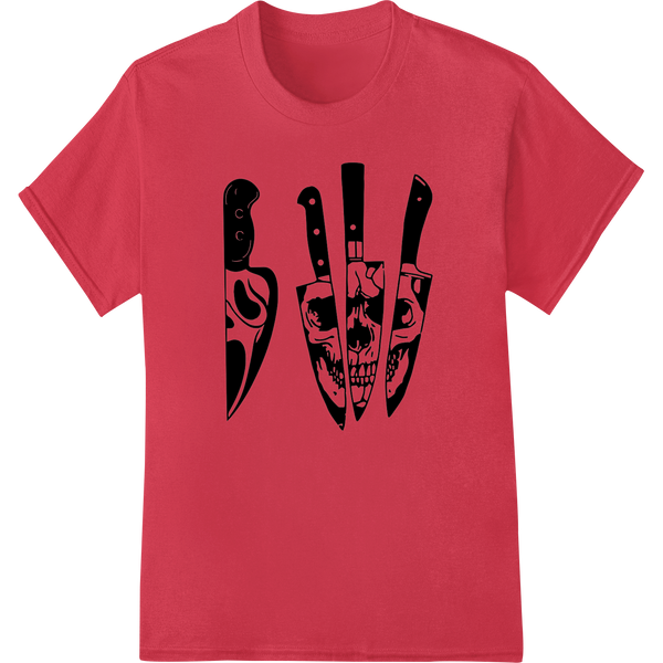 Cutting Edge Style: Bold Knife Print Heat Transfer on red shirt - SUPERDTF-DTF Prints-DTF Transfers-Custom DTF Prints