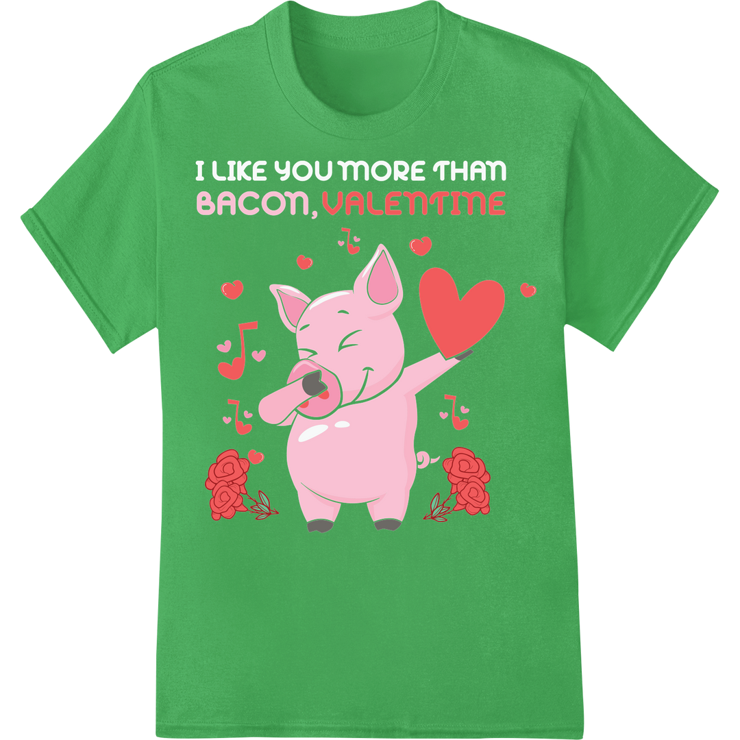 Adorable Bacon Valentine Pig DTF Print for Farm Lovers on green shirt - SUPERDTF-DTF Prints-DTF Transfers-Custom DTF Prints