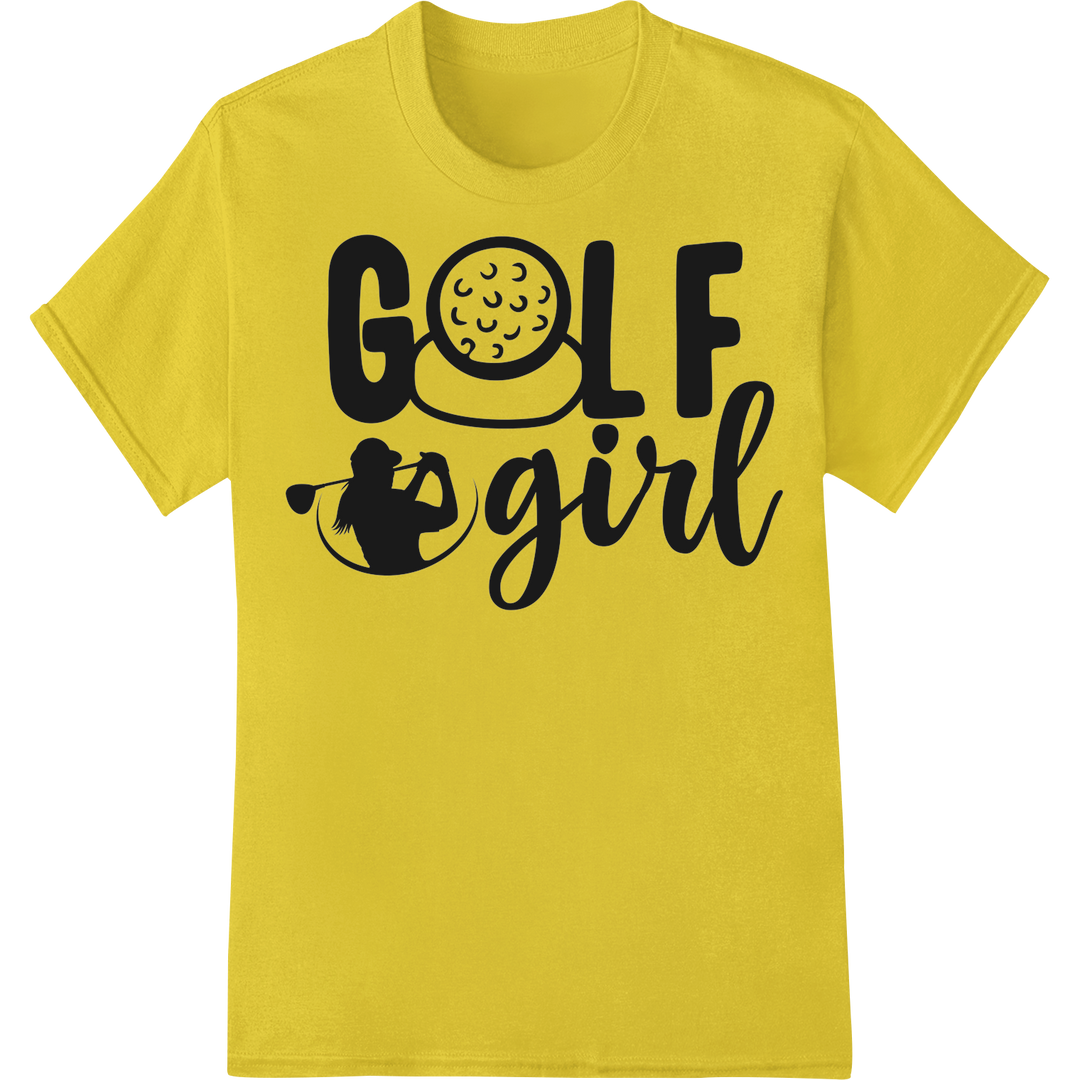 Bold 'GOLF girl' DTF Print Heat Transfer | PNG-1740173712453 on yellow shirt - SUPERDTF-DTF Prints-DTF Transfers-Custom DTF Prints