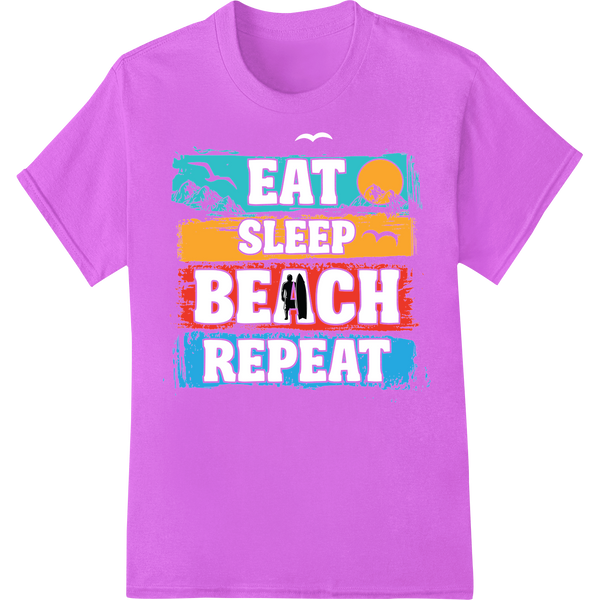 Retro Summer Vibes: Eat, Sleep, Beach, Repeat DTF Print on purple shirt - SUPERDTF-DTF Prints-DTF Transfers-Custom DTF Prints