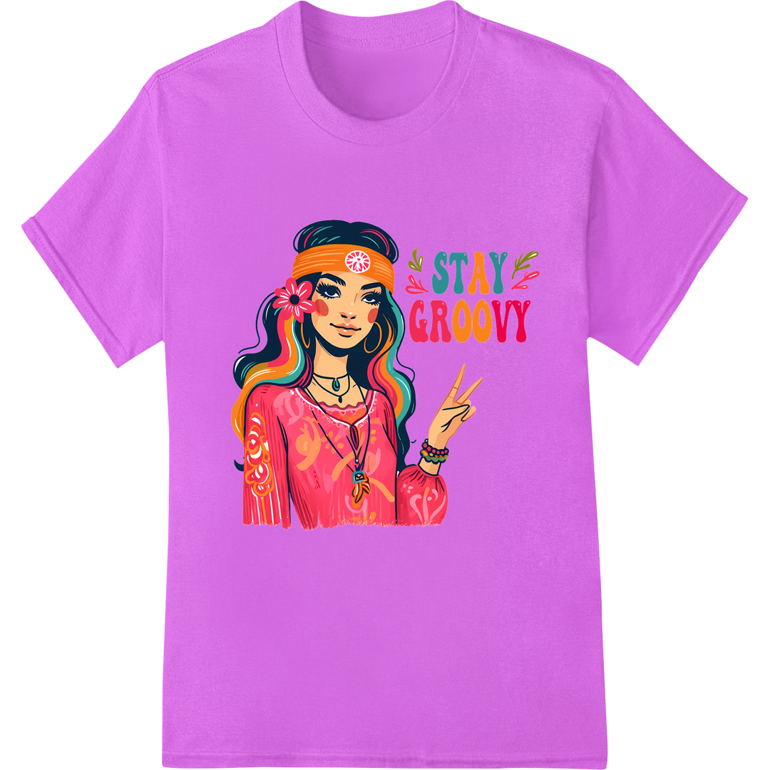 Groovy Hippie Woman Portrait - Retro 70s Heat Transfer on purple shirt - SUPERDTF-DTF Prints-DTF Transfers-Custom DTF Prints