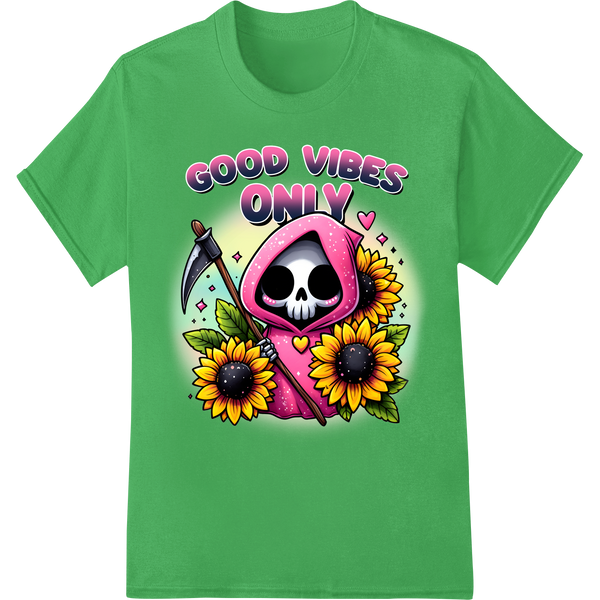 Vibrant Grim Reaper Skull w/ Sunflowers DTF Print Transfer on green shirt - SUPERDTF-DTF Prints-DTF Transfers-Custom DTF Prints