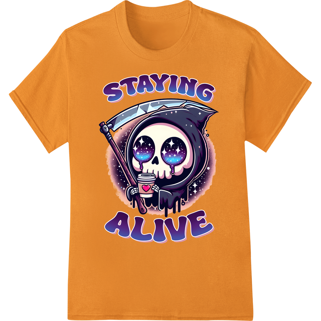 Cosmic Skull 'Staying Alive' Halloween DTF Print Transfer on orange shirt - SUPERDTF-DTF Prints-DTF Transfers-Custom DTF Prints