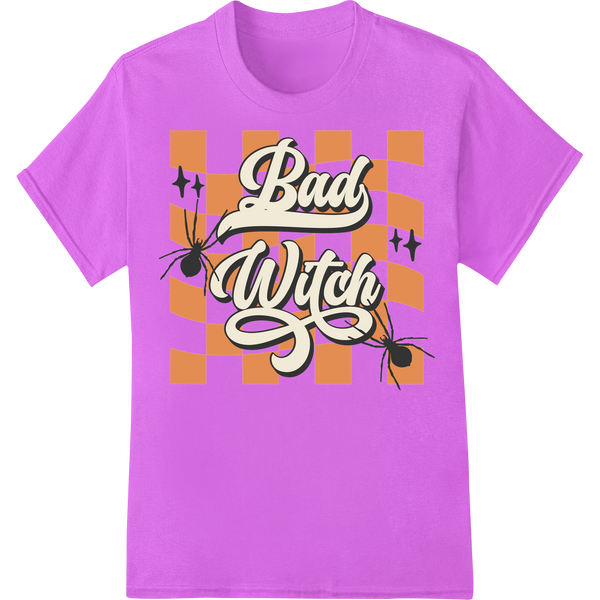 Black and purple 'Bad Witch' graphic design with a wicked witch stirring a cauldron, surrounded by bats and the full moon.