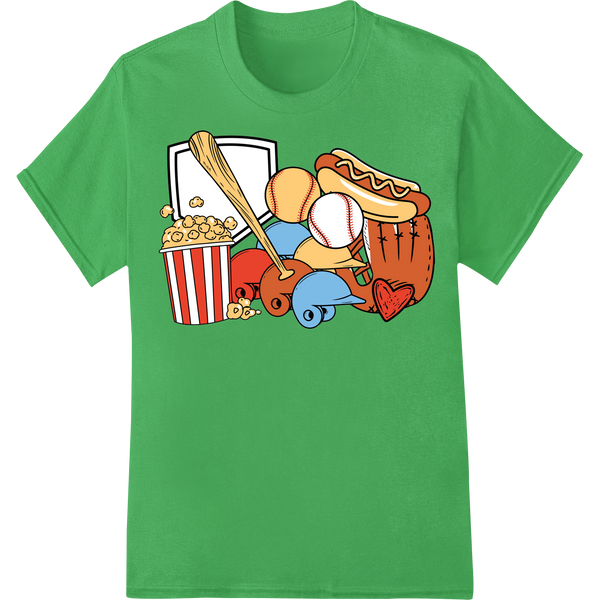 Baseball Gear DTF Print - Glove, Bat, Ball & Popcorn on green shirt - SUPERDTF-DTF Prints-DTF Transfers-Custom DTF Prints