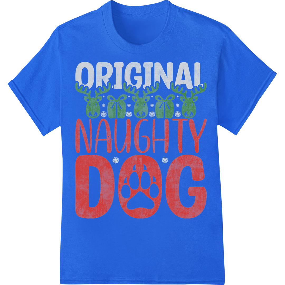 Playful 'Original Naughty Dog' Christmas DTF Heat Transfer on blue shirt - SUPERDTF-DTF Prints-DTF Transfers-Custom DTF Prints