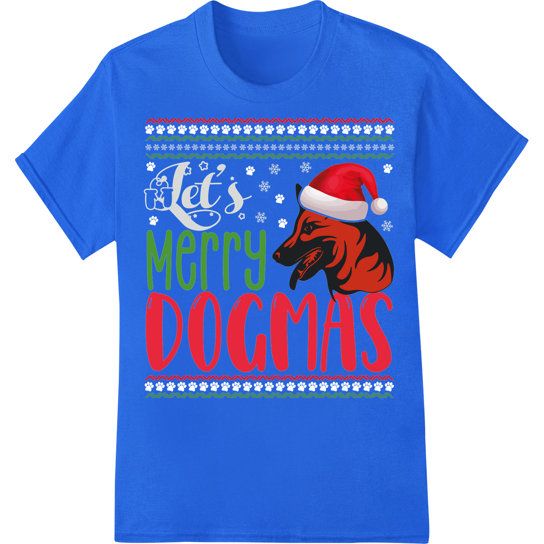 Playful 'Merry DOGMAS' Christmas DTF Print Heat Transfer on blue shirt - SUPERDTF-DTF Prints-DTF Transfers-Custom DTF Prints