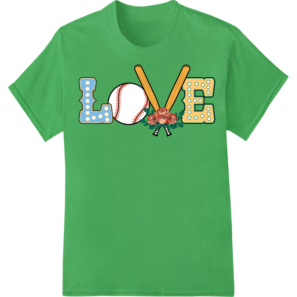 Heartfelt Baseball Love: Sporty DTF Print Heat Transfer on green shirt - SUPERDTF-DTF Prints-DTF Transfers-Custom DTF Prints