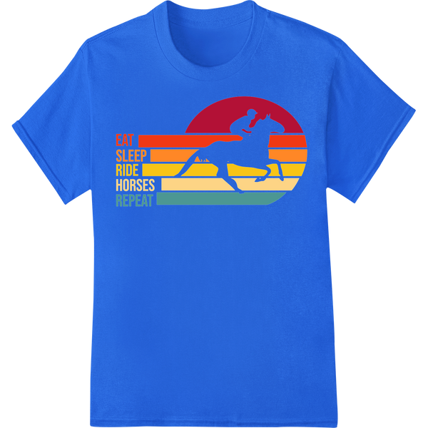 Ride with Passion: Equestrian Sunset Silhouette DTF Print on blue shirt - SUPERDTF-DTF Prints-DTF Transfers-Custom DTF Prints