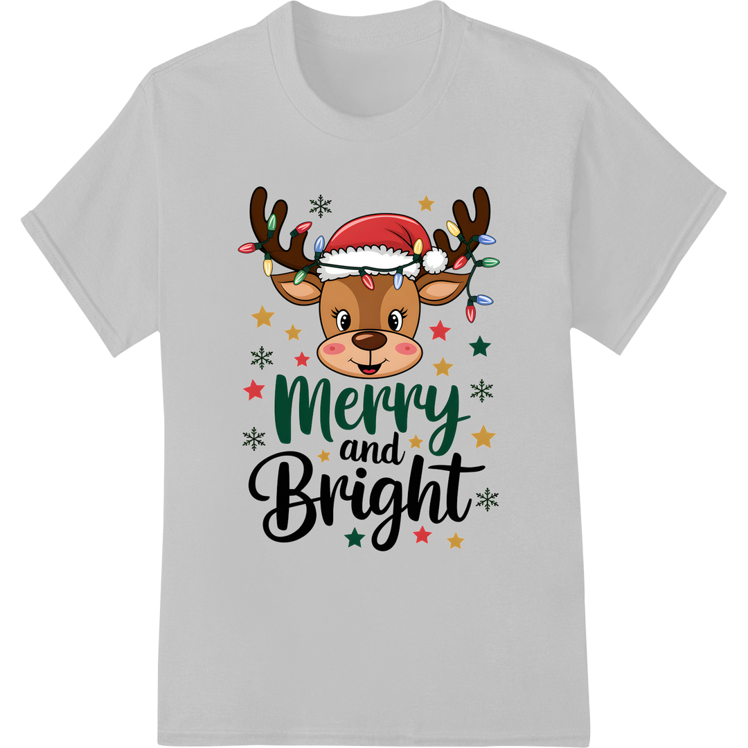 Adorable Reindeer 'Merry & Bright' DTF Christmas Transfer on white shirt - SUPERDTF-DTF Prints-DTF Transfers-Custom DTF Prints