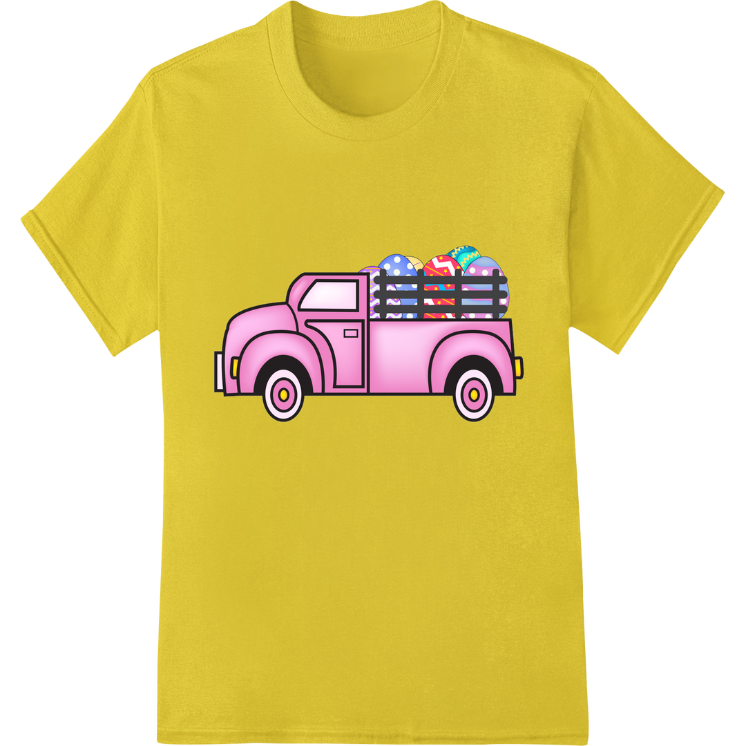 Festive Easter Pink Truck with Colorful Eggs DTF Print on yellow shirt - SUPERDTF-DTF Prints-DTF Transfers-Custom DTF Prints