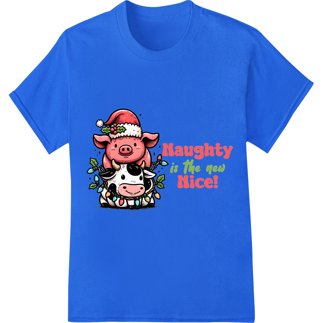 Adorable Christmas Pig Heat Transfer: Naughty is Nice! on blue shirt - SUPERDTF-DTF Prints-DTF Transfers-Custom DTF Prints