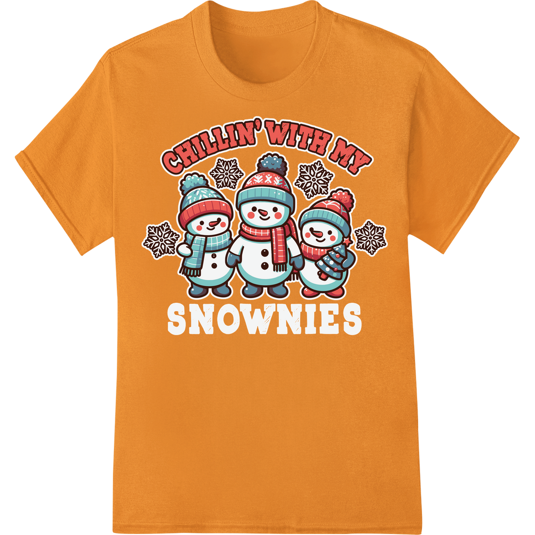 Frosty Friends: Adorable Snowman Trio | DTF Print Transfer on orange shirt - SUPERDTF-DTF Prints-DTF Transfers-Custom DTF Prints