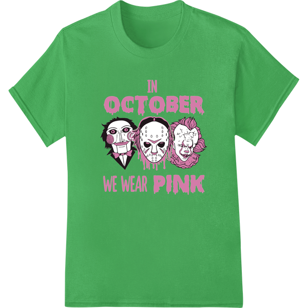 A colorful pink DTF print heat transfer design featuring horror icons like ghosts, bats, and jack-o'-lanterns for Halloween...