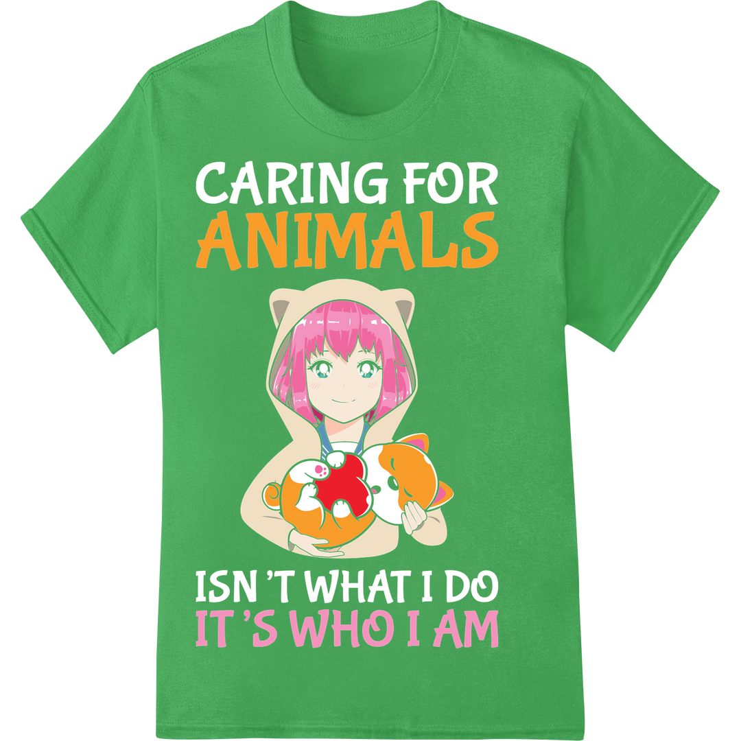 Adorable Anime Cat Girl 'Animals It's Who I Am' DTF Print on green shirt - SUPERDTF-DTF Prints-DTF Transfers-Custom DTF Prints