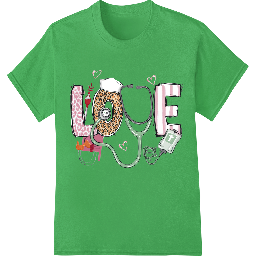 Heartfelt Nurse Love: Charming DTF Print Heat Transfer on green shirt - SUPERDTF-DTF Prints-DTF Transfers-Custom DTF Prints