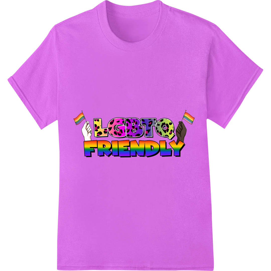 Vibrant 'LGBTQ FRIENDLY' Pride Heat Transfer | DTF Print on purple shirt - SUPERDTF-DTF Prints-DTF Transfers-Custom DTF Prints