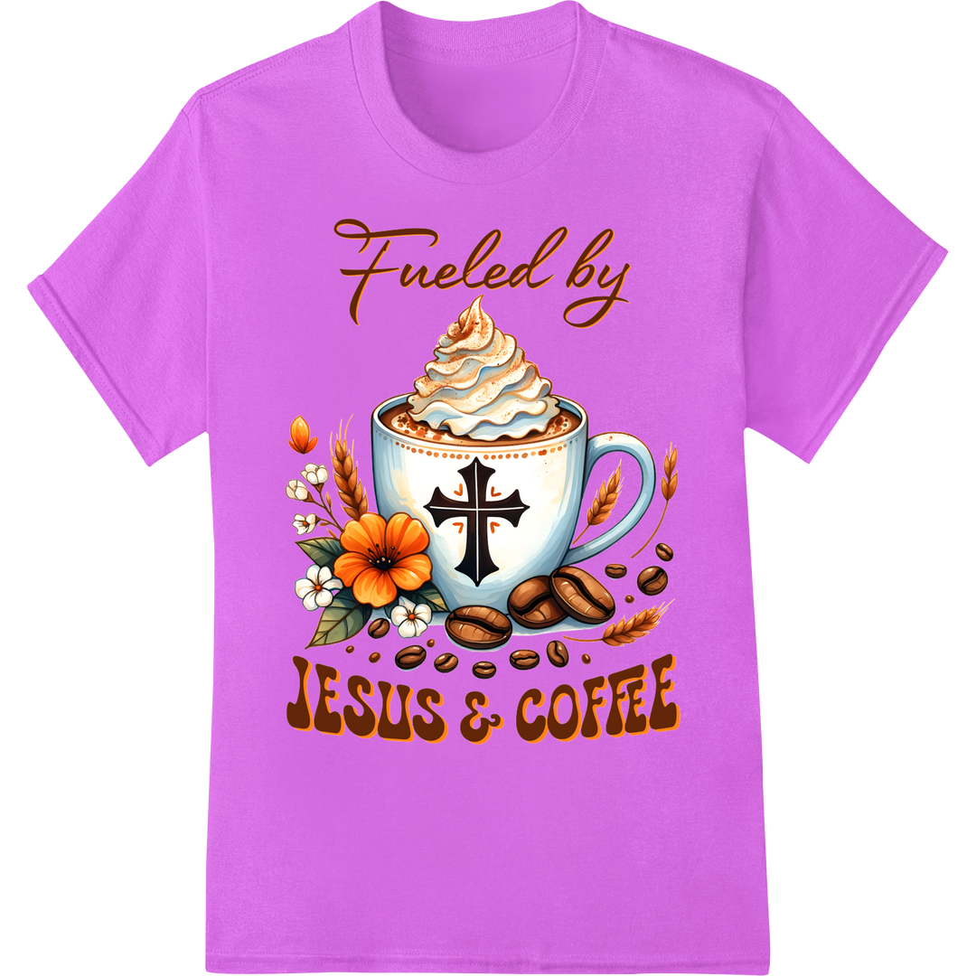 Fuel Your Faith: Christian Coffee DTF Print Heat Transfer on purple shirt - SUPERDTF-DTF Prints-DTF Transfers-Custom DTF Prints