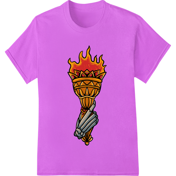 Flaming Skeleton Hand DTF Halloween Heat Transfer showcasing advanced customized apparel technology