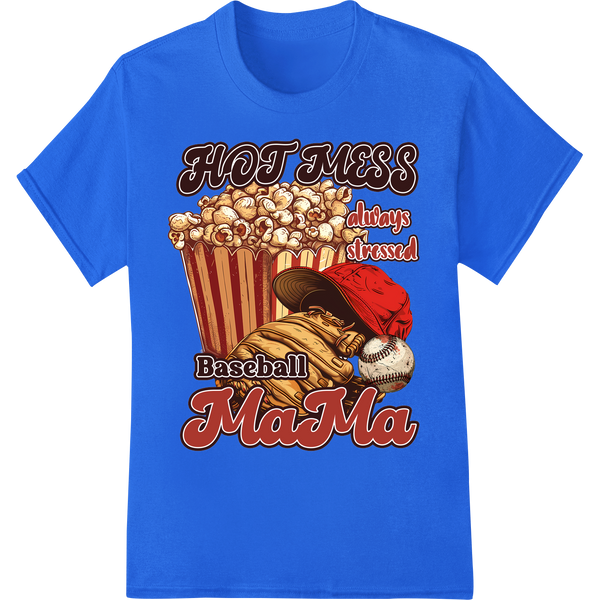 Hot Mess Always Stressed: Baseball Popcorn DTF Print on blue shirt - SUPERDTF-DTF Prints-DTF Transfers-Custom DTF Prints