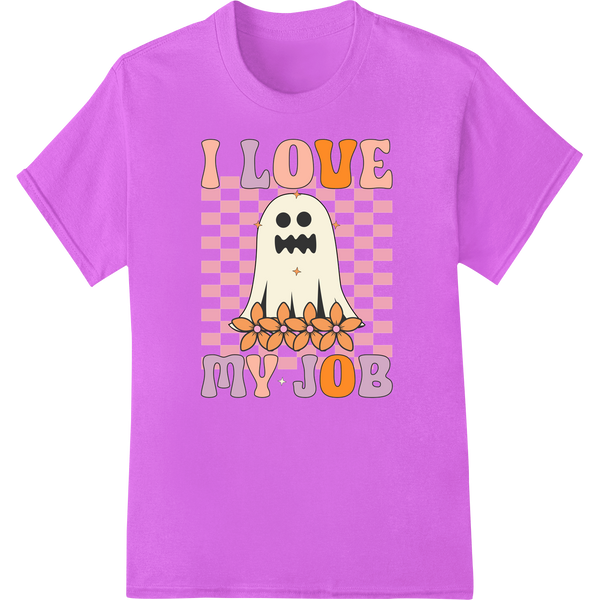 Adorable Ghost Loves Job Cute Halloween DTF Print Design on purple shirt - SUPERDTF-DTF Prints-DTF Transfers-Custom DTF Prints