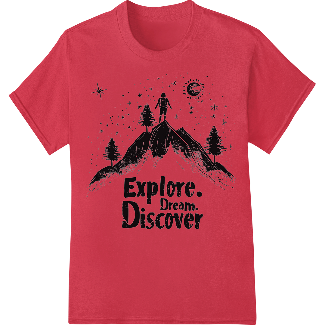 Explore Your Dreams: Inspiring B&W Mountain Adventure Print on red shirt - SUPERDTF-DTF Prints-DTF Transfers-Custom DTF Prints