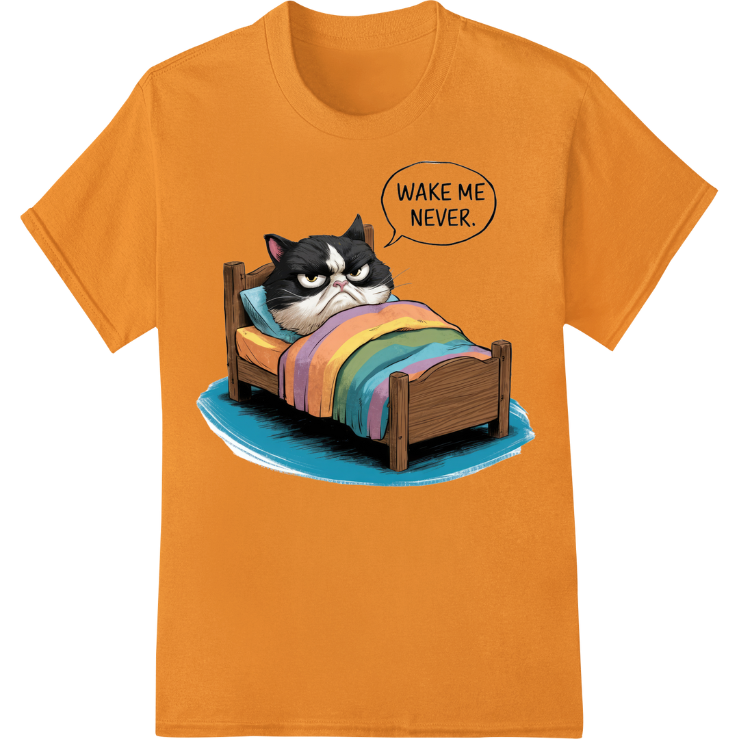 Sleepy Cat 'Wake Me Never' Funny DTF Print Heat Transfer on orange shirt - SUPERDTF-DTF Prints-DTF Transfers-Custom DTF Prints