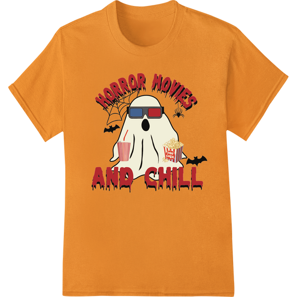 Horror Movies & Chill: Spooky Halloween Heat Transfer on orange shirt - SUPERDTF-DTF Prints-DTF Transfers-Custom DTF Prints