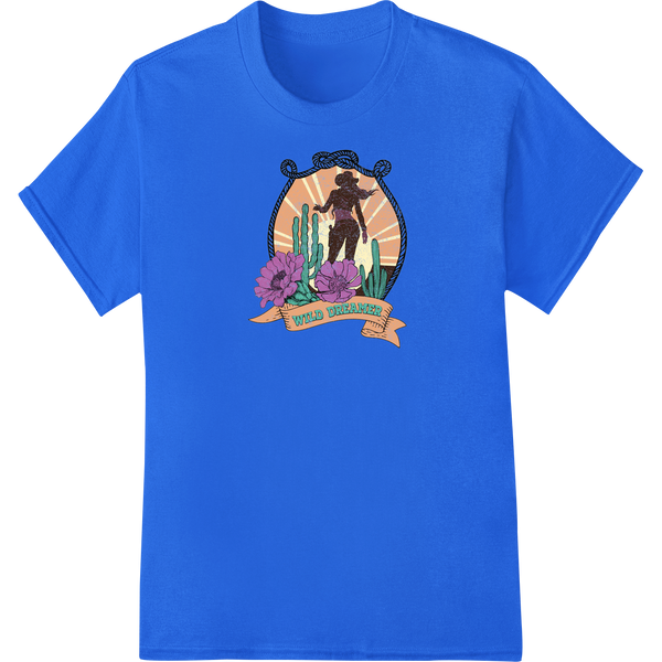 Desert Silhouette: Cowgirl Rides Amidst Saguaro Sunset on blue shirt - SUPERDTF-DTF Prints-DTF Transfers-Custom DTF Prints