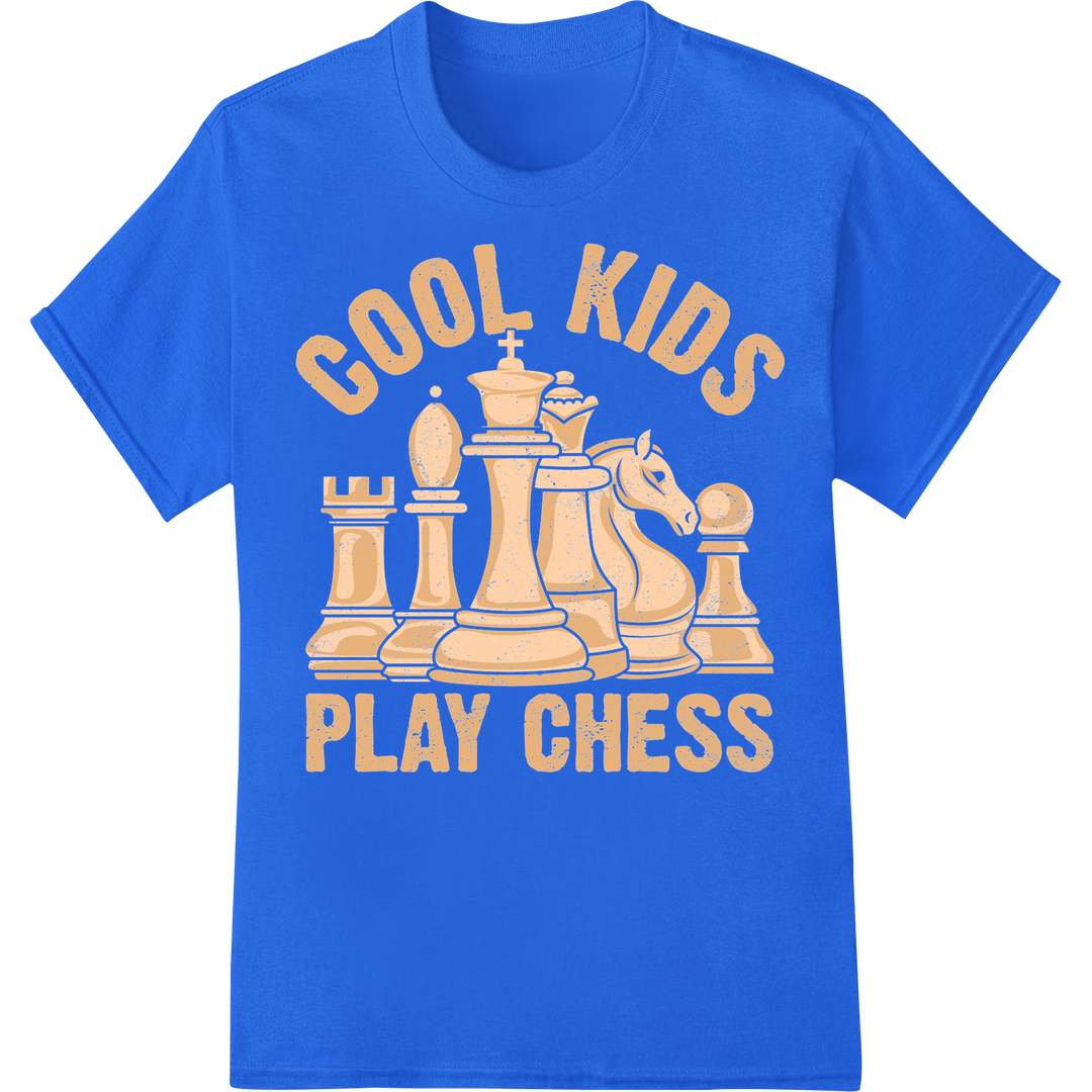 Checkmate in Style: Cool Kids Play Chess DTF Print on blue shirt - SUPERDTF-DTF Prints-DTF Transfers-Custom DTF Prints