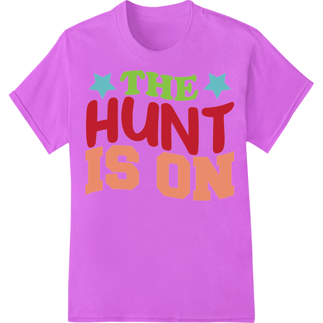 Hop into Easter Fun: 'The Hunt is On' DTF Print Heat Transfer on purple shirt - SUPERDTF-DTF Prints-DTF Transfers-Custom DTF Prints