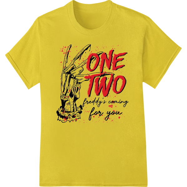 One Two Freddy's Coming For You - Nightmare on Elm St DTF on yellow shirt - SUPERDTF-DTF Prints-DTF Transfers-Custom DTF Prints