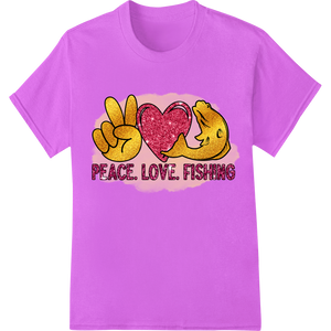 Personalized bulk t-shirt printing design for Catch the Vibe: Peace, Love & Fishing - DTF Print