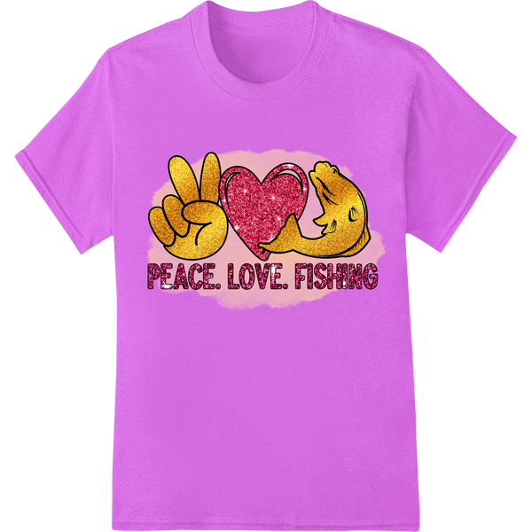 Personalized bulk t-shirt printing design for Catch the Vibe: Peace, Love & Fishing - DTF Print