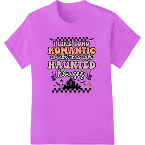 Premium quality innovative apparel printing on Spooky Romance: Haunted House Walks Halloween DTF Print