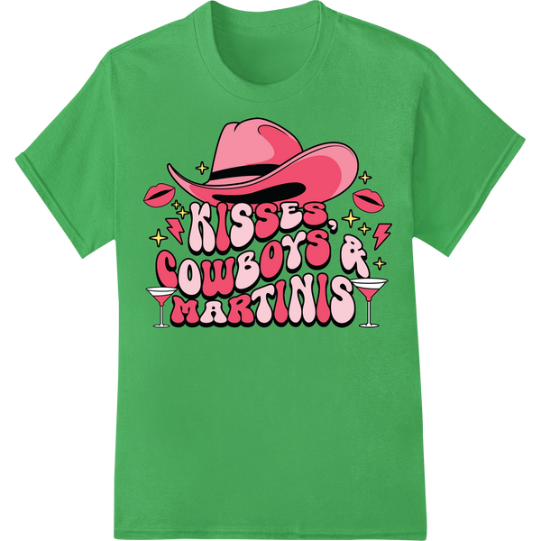 Kisses, Cowboys & Martinis: Wild West Valentine's DTF Print on green shirt - SUPERDTF-DTF Prints-DTF Transfers-Custom DTF Prints