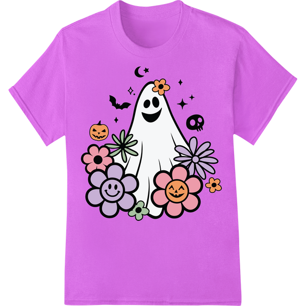 Vibrant DTF printing technology print on Adorable Ghost with Flowers - Cute Halloween DTF Print