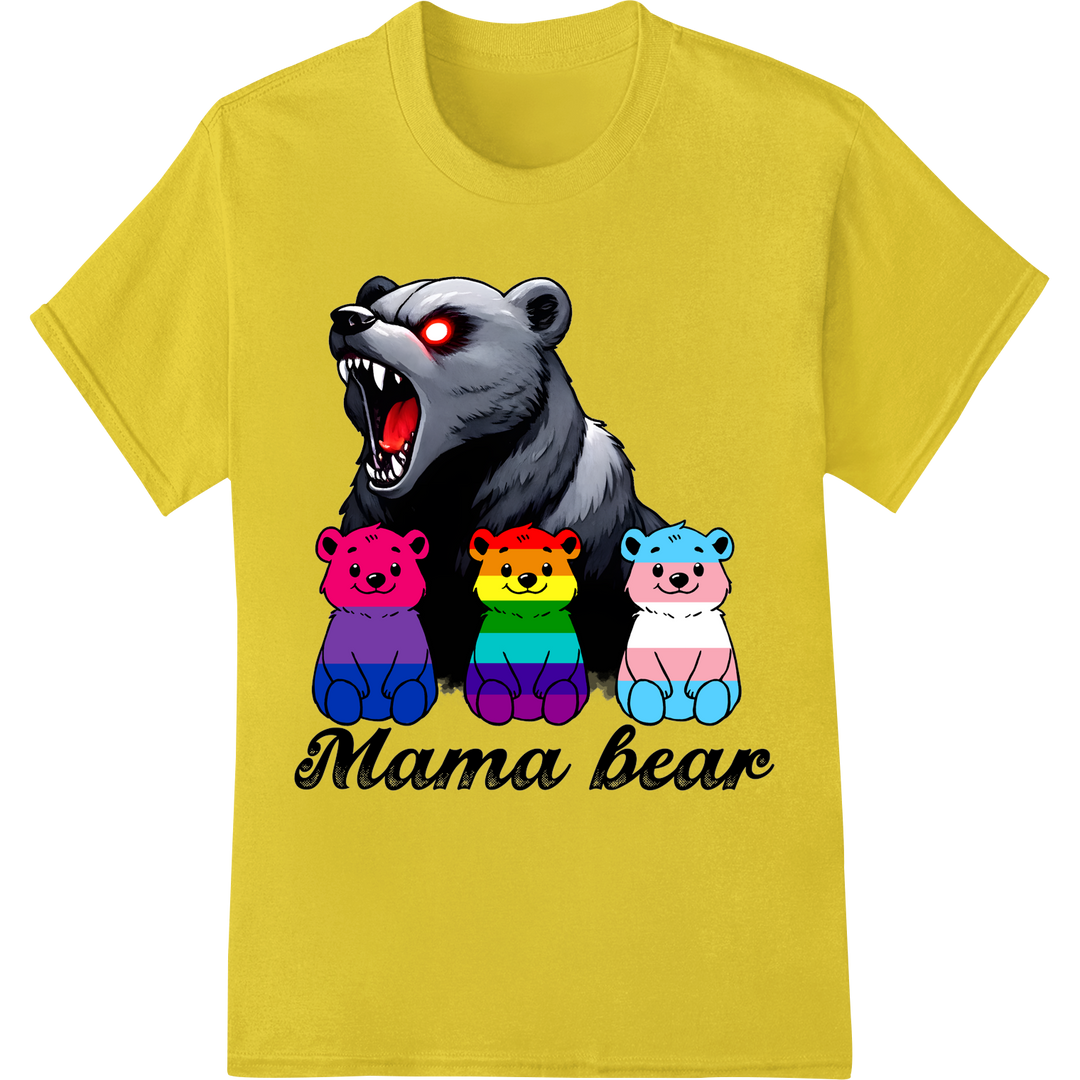 Fierce Mama Bear Protects LGBTQ+ Cubs | Pride DTF Print on yellow shirt - SUPERDTF-DTF Prints-DTF Transfers-Custom DTF Prints