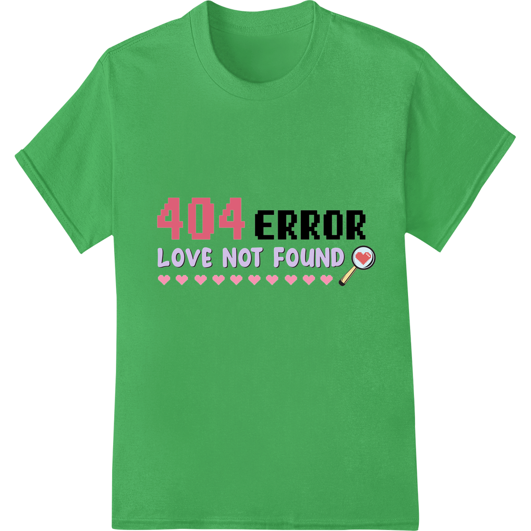 Witty '404 Error Love Not Found' DTF Valentine's Day Print on green shirt - SUPERDTF-DTF Prints-DTF Transfers-Custom DTF Prints