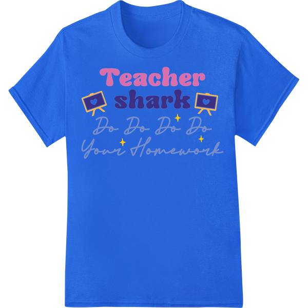 Adorable 'Teacher Shark' DTF Print for Teacher Gifts on blue shirt - SUPERDTF-DTF Prints-DTF Transfers-Custom DTF Prints