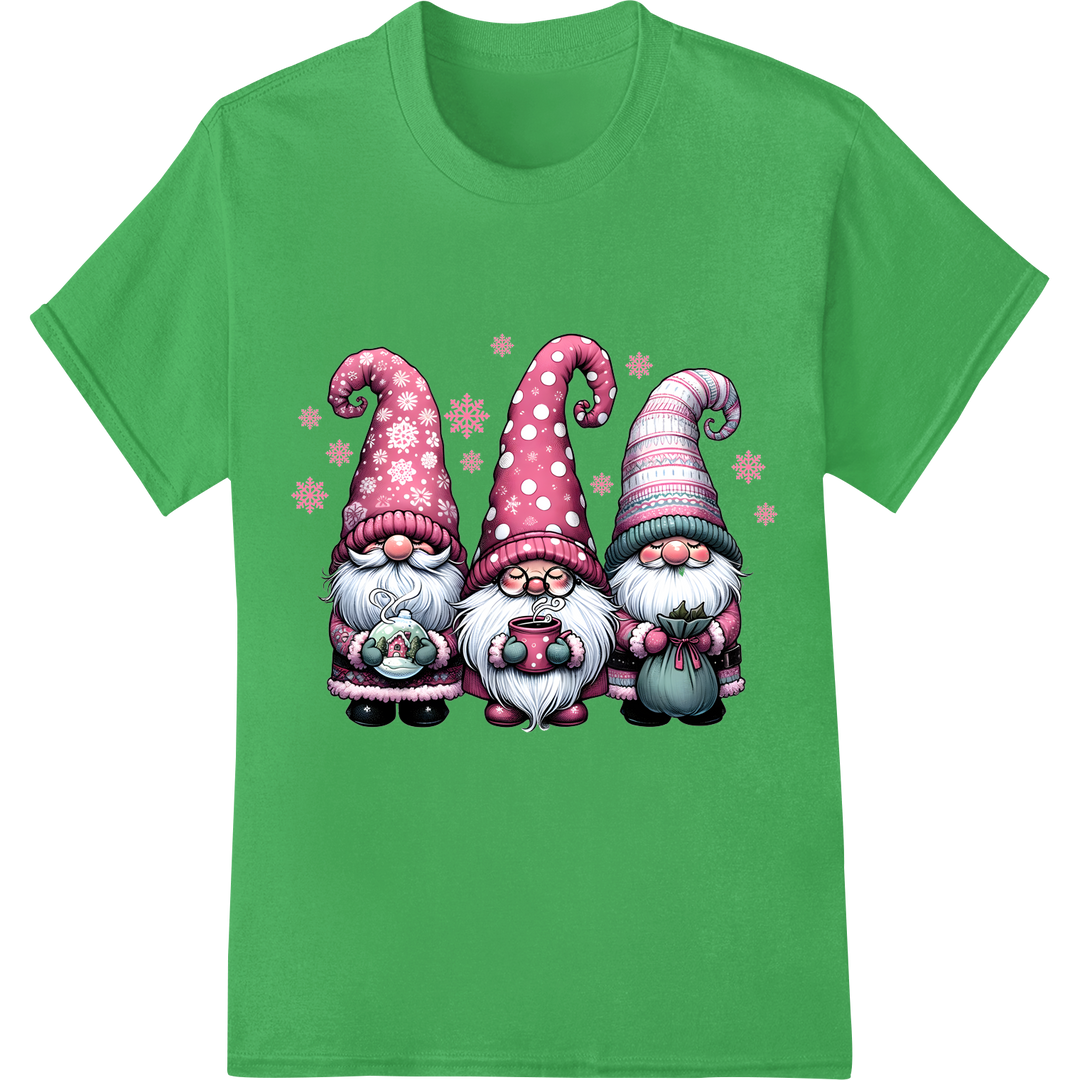 Adorable Pink Gnome Trio: Festive DTF Christmas Print on green shirt - SUPERDTF-DTF Prints-DTF Transfers-Custom DTF Prints