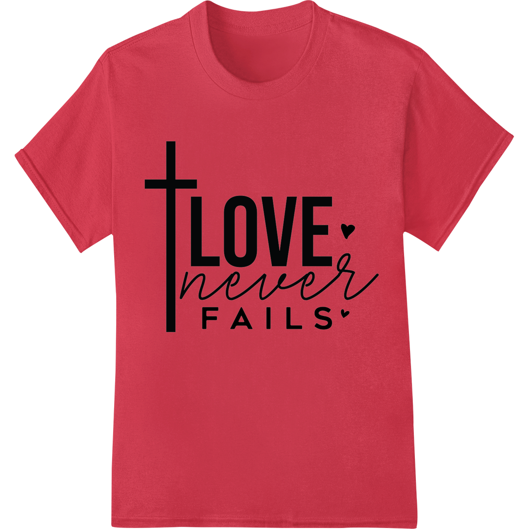 Love Never Fails DTF Print Heat Transfer - Inspire Faith on red shirt - SUPERDTF-DTF Prints-DTF Transfers-Custom DTF Prints