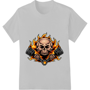 Innovative custom DTF designs design on Fiery Skull Crossed Pistons DTF Print for Edgy Apparel