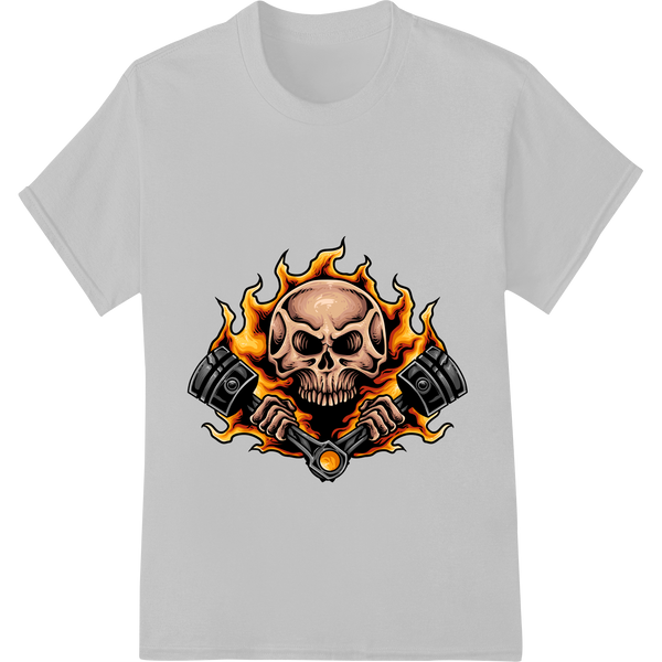 Innovative custom DTF designs design on Fiery Skull Crossed Pistons DTF Print for Edgy Apparel