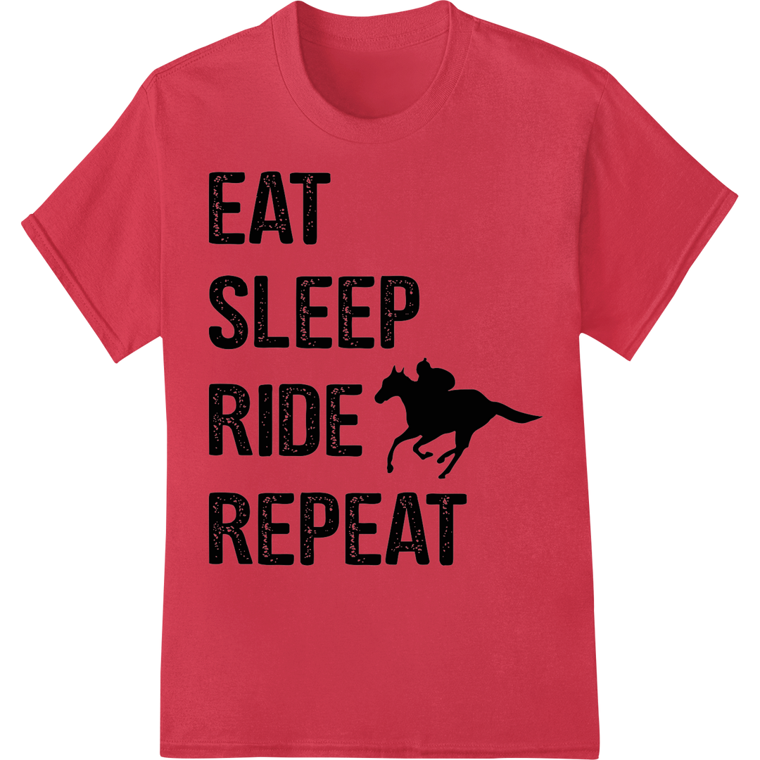 Eat Sleep Ride Repeat | Equestrian Horse Racing DTF Print on red shirt - SUPERDTF-DTF Prints-DTF Transfers-Custom DTF Prints