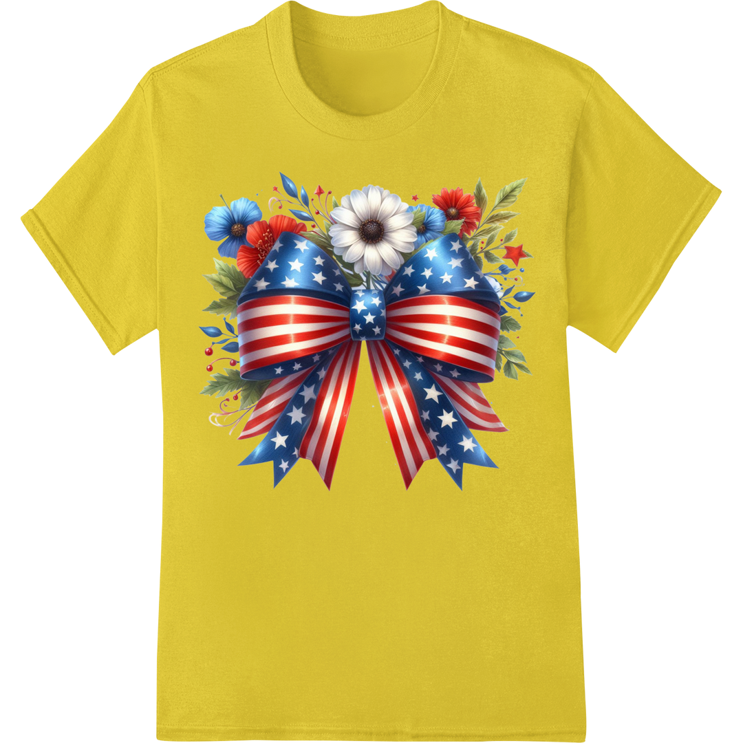 Patriotic Floral Bow DTF Transfer Print | 4th of July Style on yellow shirt - SUPERDTF-DTF Prints-DTF Transfers-Custom DTF Prints