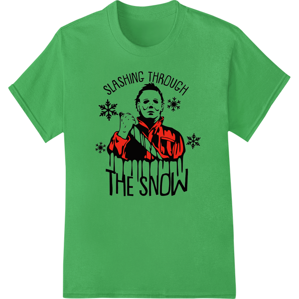 Edgy horror movie slasher design of a shadowy figure wielding a knife, walking through the snow on a dark Christmas night